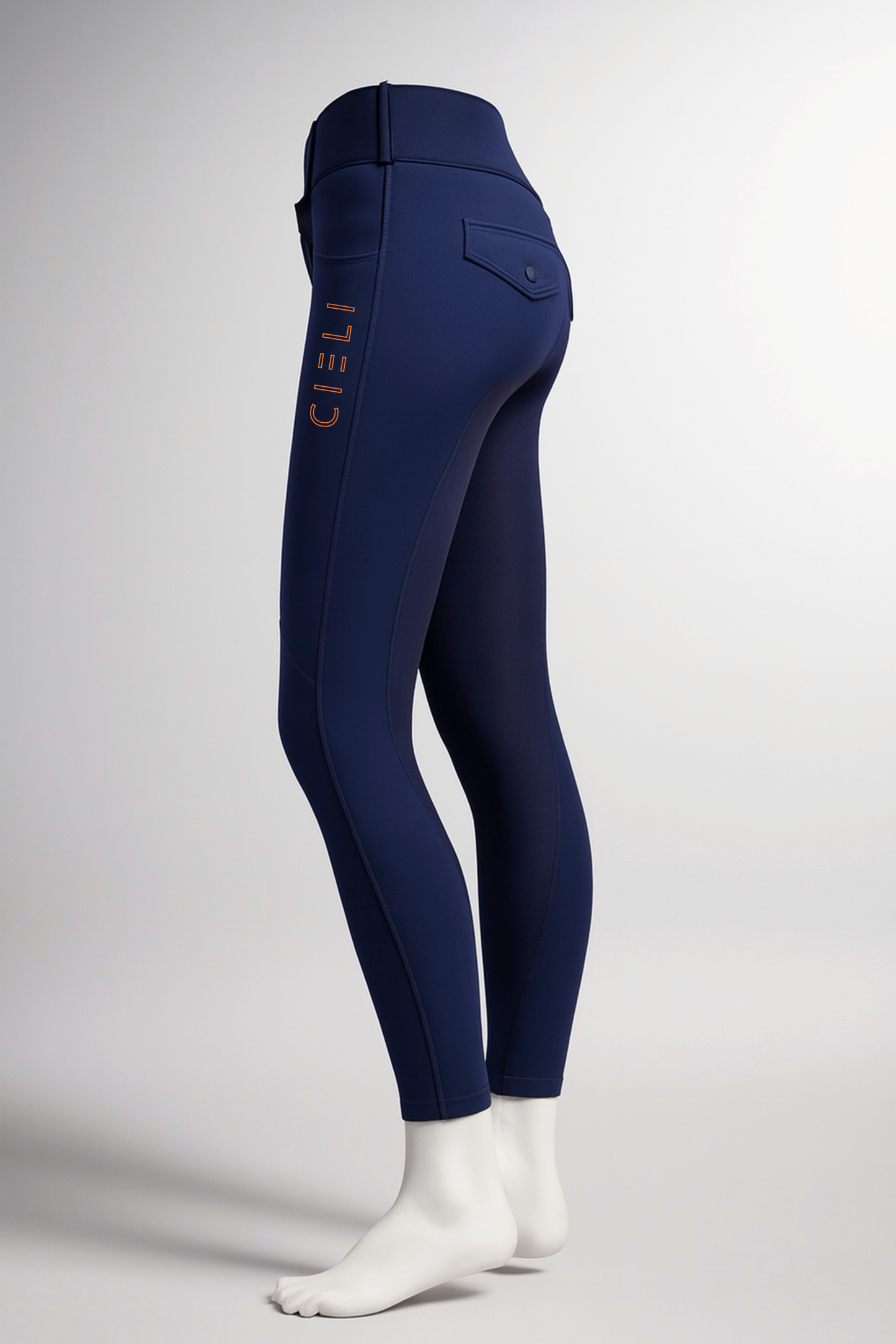 Navy blue riding pants with 'Cieli' branding on a light gray background