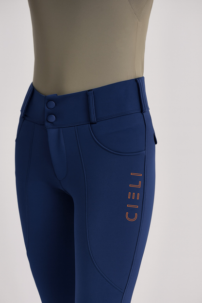 Navy blue riding pants with 'Cieli' branding on a mannequin.
