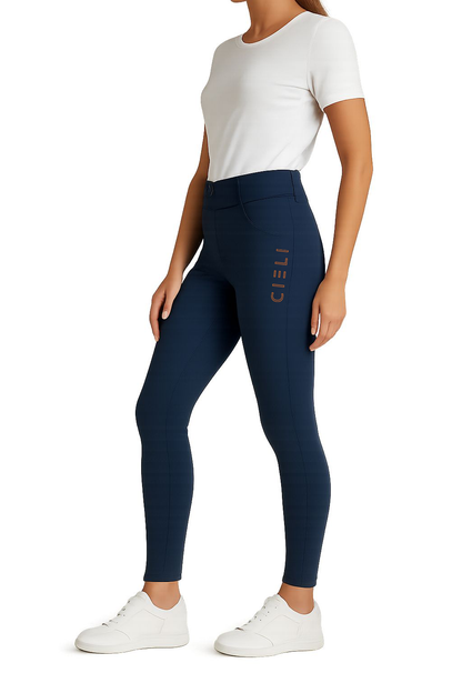 Person wearing navy leggings with a logo on a white background