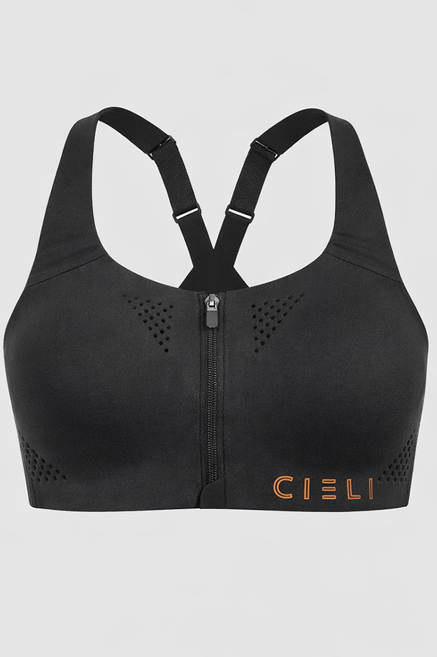 Black sports bra with a zipper and 'CIELI' branding on a light gray background