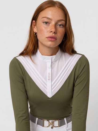 A woman wearing a long-sleeve olive green top with a white pleated V-neck collar and a white front placket featuring the brand name 'CIELI' in red. She is also wearing a white top and a gray belt with a gold buckle, photographed against a light gray studio background.