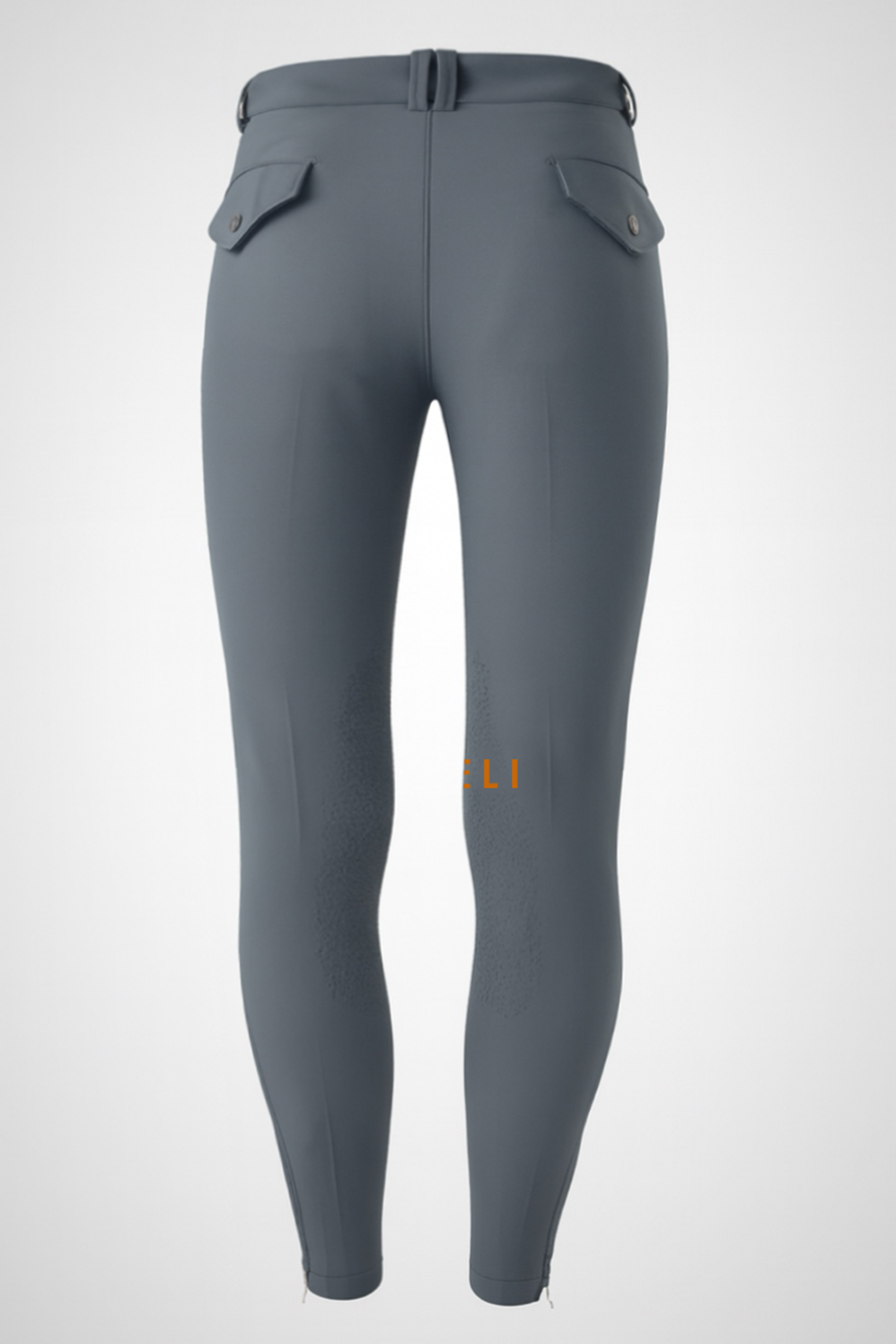 Gray riding pants with a belt on a white background