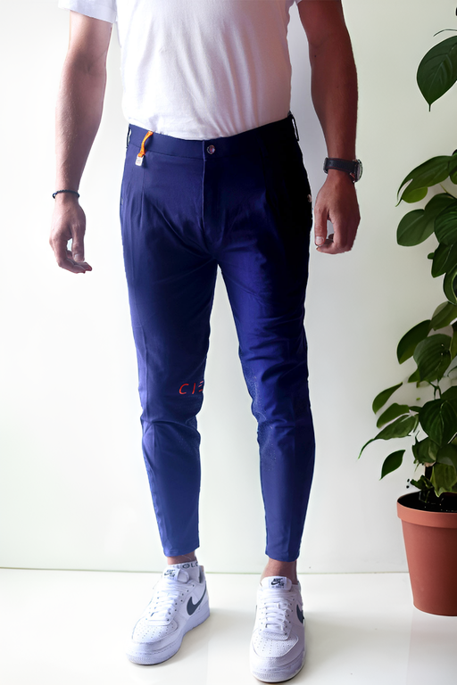 Man wearing navy mens cieli equestrian riding breeches.