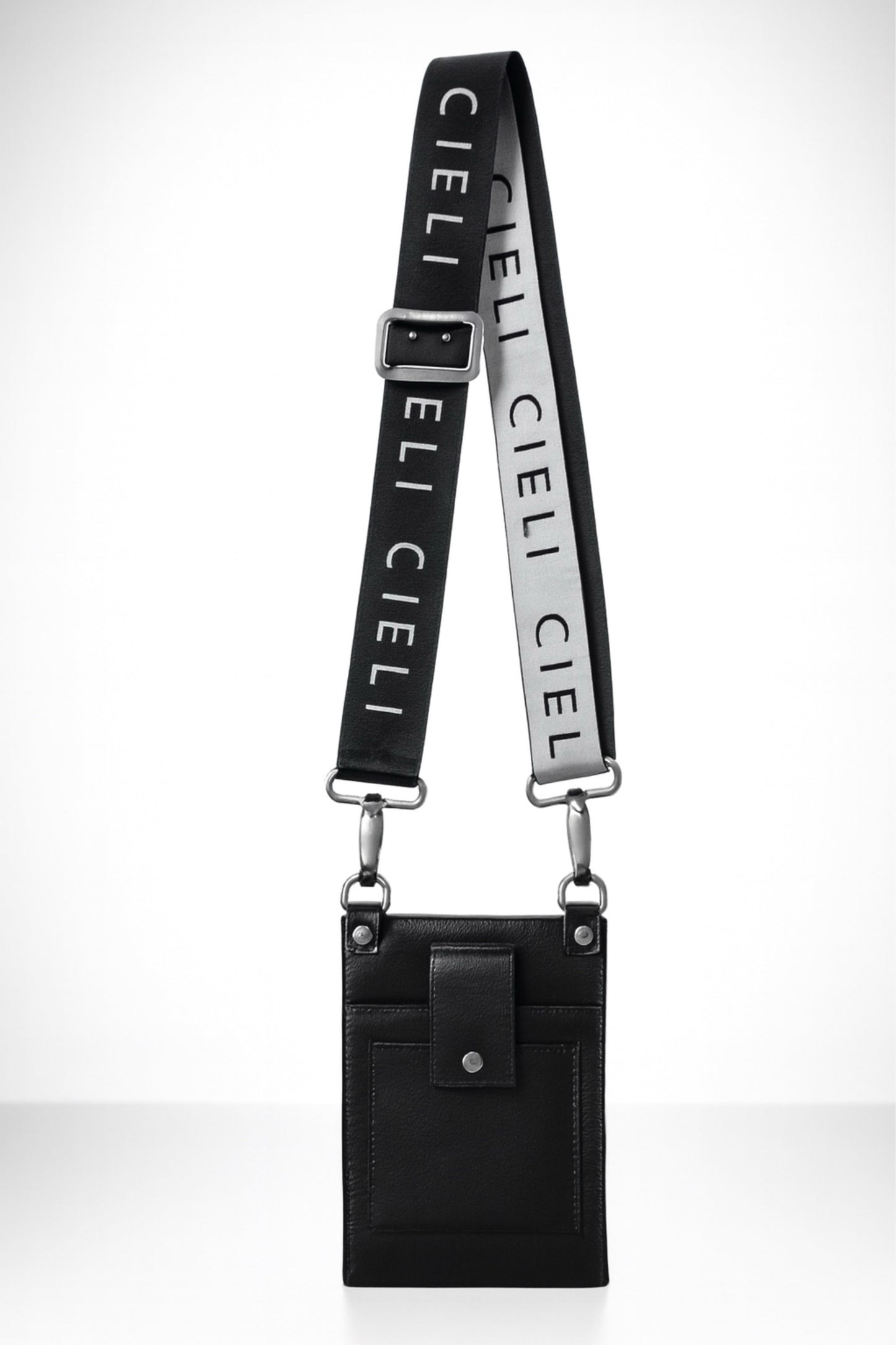 Black pouch with a strap featuring 'CIEL' branding on a white background