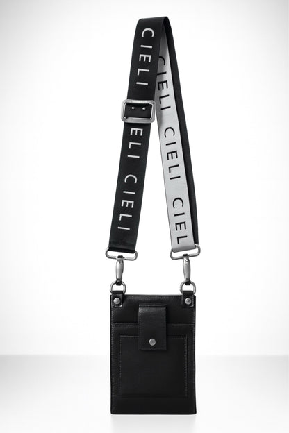 Black pouch with a strap featuring 'CIEL' branding on a white background