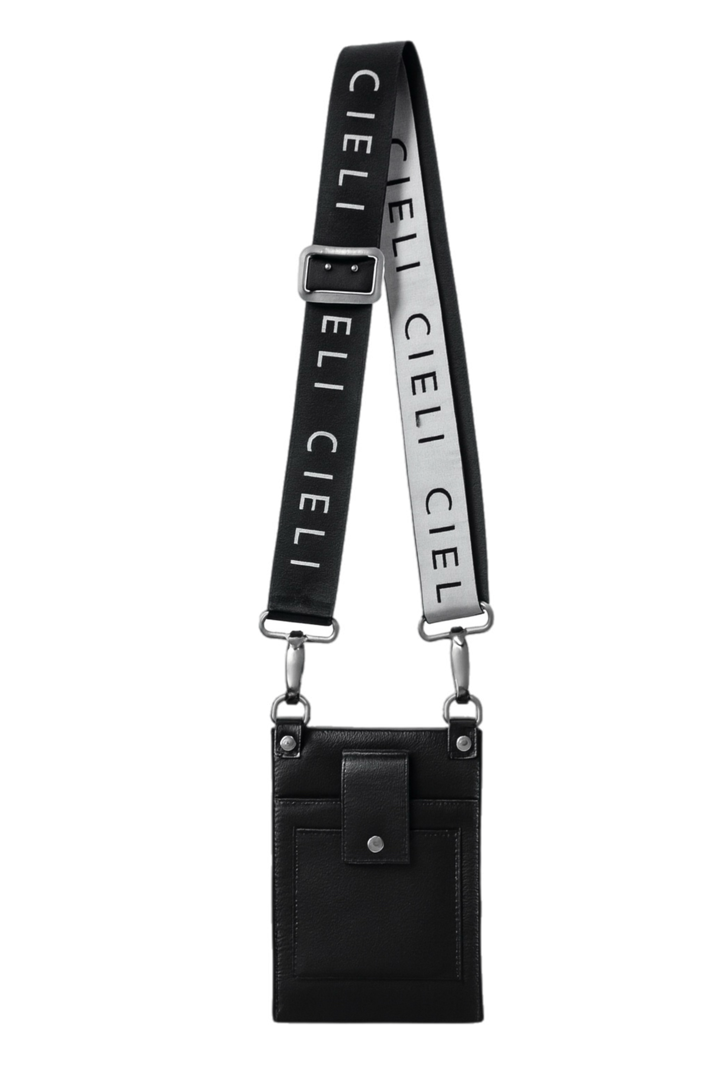 Black pouch with a strap featuring 'CIEL' branding on a white background